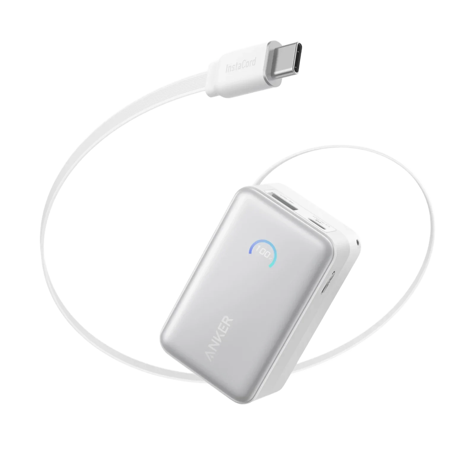 White Anker Nano 10000mAh power bank with retractable USB-C cable