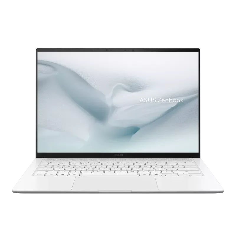 White ASUS Zenbook S 14 laptop open from the front